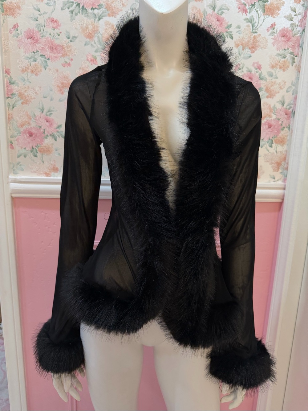 Black Sheer Blazer with Plush Faux Fur Trim